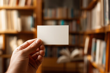 Hand holding blank card in library white card