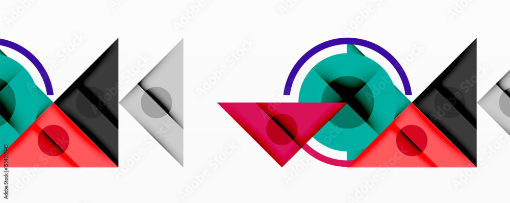 Poster abstract geometric shapes overlap, creating dynamic visual patterns. teal, magenta, gray, black domi