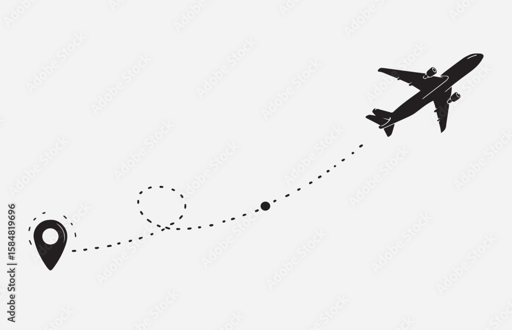 Poster airplane flight path with loop and dot trail on a white background
