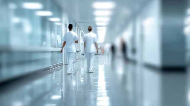 Two medical professionals walk through a modern hospital corridor, symbolizing teamwork and healthcare dedication.