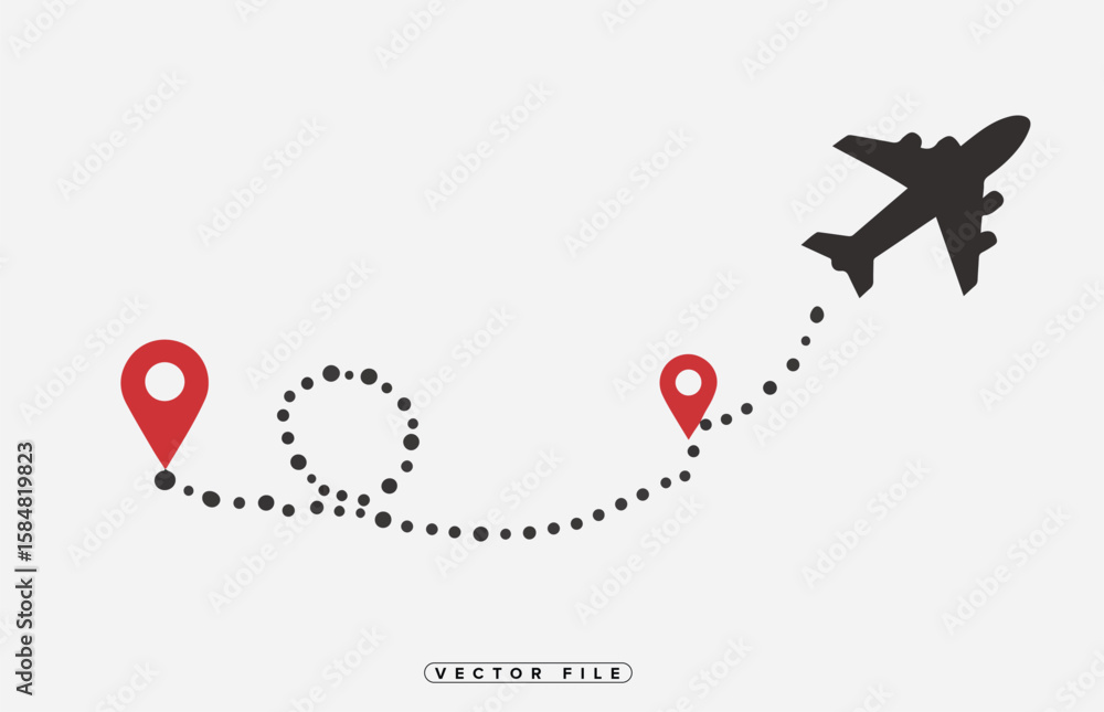 Poster airplane route with destination point markers and dotted line path