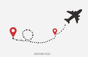 Airplane Route with Destination Point Markers and Dotted Line Path