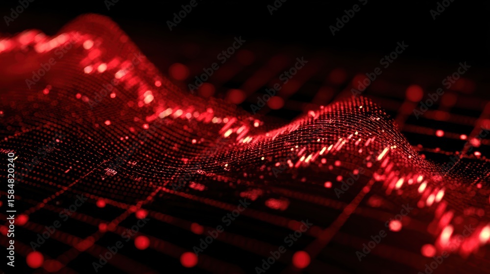 Poster vibrant red data visualization with dynamic waves, illustrating trends in technology and digital ana
