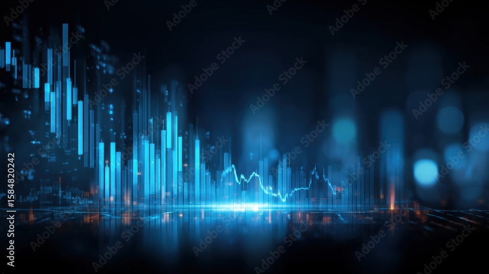 Poster visual representation of digital data trends with glowing blue elements on a dark background.