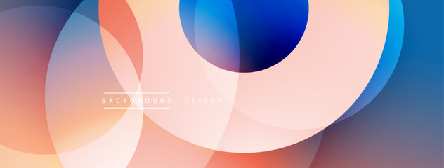 Abstract design features overlapping circles, gradients. Colors include blue, orange, peach. Modern aesthetic, smooth transitions.