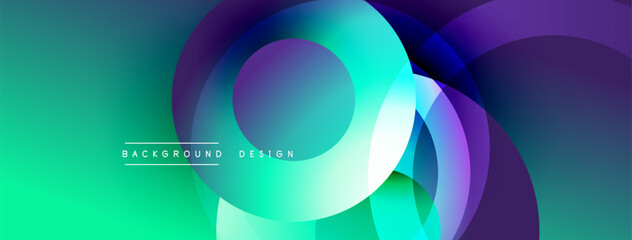 Abstract background features overlapping circles, vibrant turquoise, purple hues. Modern design elements create dynamic visual effect.