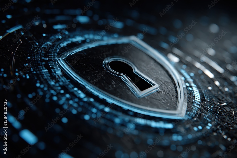 Poster futuristic shield with a keyhole symbolizing cybersecurity and data protection