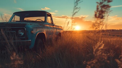 Fototapeta premium A vintage pickup truck sits in a field of tall grass, with the sun setting in the distance.