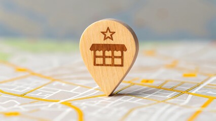 Wooden shop icon placed on map with glowing rating star — boosting local presence through positive feedback
