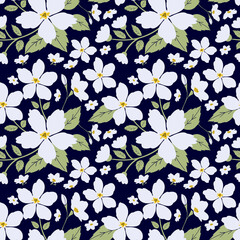 White floral repeat pattern with green leaves on navy background, seamless flora design for fabric,...