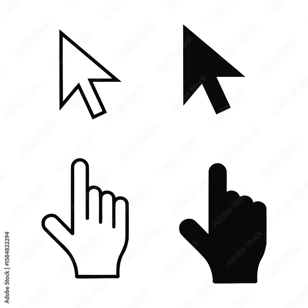 Poster collection of computer mouse pointers and hand cursors in black and white