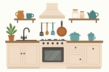 Cheerful modern kitchen illustration featuring warm colors and minimalistic design showcasing essential cookware and plants reflecting the harmony of culinary creativity and home aesthetics