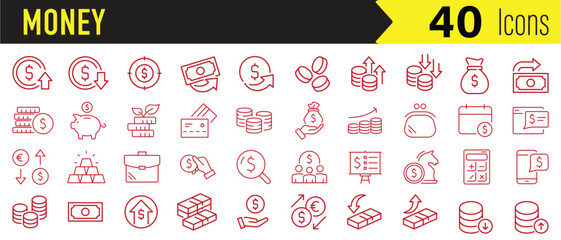 Collection of 40 red line art icons representing various financial and money concepts
