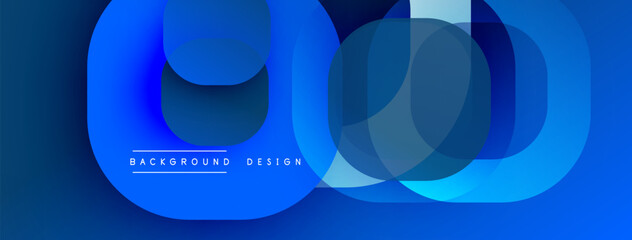 Abstract blue layers create dynamic composition. Overlapping circles suggest depth, movement, modern aesthetic. Text reads background design.
