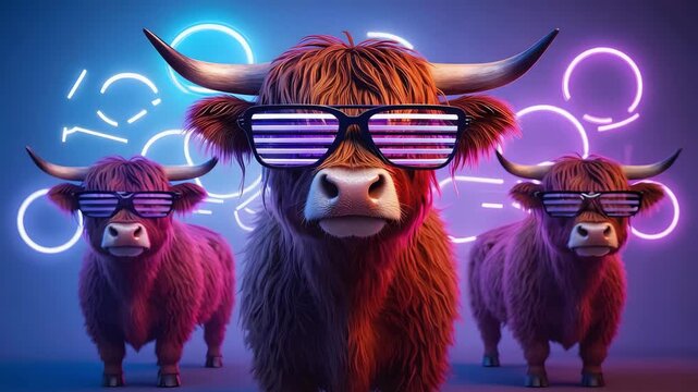 Three highland cows wearing sunglasses against a neon light background stand together. Funny cows in neon lights. Cool cows wearing glasses. Highland cows with attitude. Funky animals in party mode