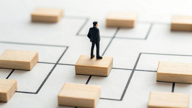 Wooden blocks forming a flowchart with one figure navigating through — HR processes and decision-making
