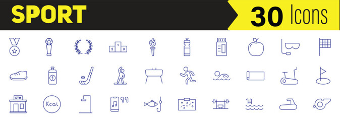 Collection of 30 sport and fitness line art icons for digital use