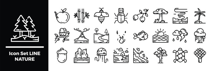 Set of Nature Icons. Line Art Style Icons Bundle Featuring Various Elements.