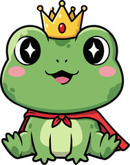 Cartoon Frog Prince with Crown and Cape – Cute Vector Character Illustration on White Background