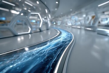 Futuristic corridor design featuring illuminated surfaces and advanced technology