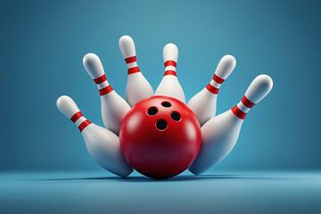 Bowling Impact A Red Ball Surrounded by Pins on a Blue Surface for a Game of Skill and Precision
