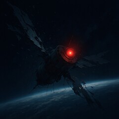 Derelict Orbital Satellite with Shattered Solar Panels and Ominous Pulsing Red Beacon Drifting in Low Orbit