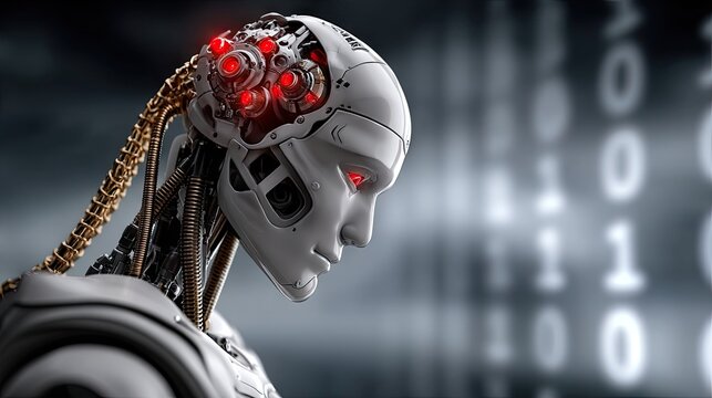 Thoughtful robot head futuristic technology