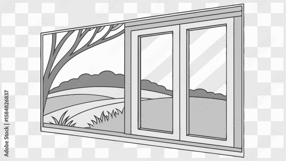 Poster vector modern window design showcasing scenic landscape with trees and hills, creating serene
