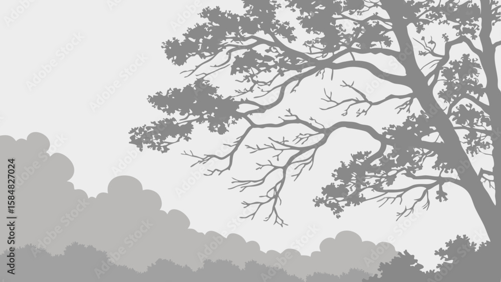 Poster vector grayscale mist image features tree branch silhouette against cloudy background, evoking tranq