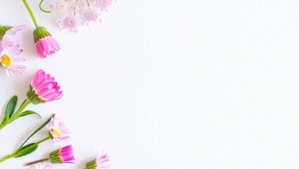 Fototapeta premium Delicate pink daisies and tiny purple flowers arranged on a white textured background creating a soft floral border for copy space
