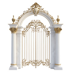 Ornate golden gate with marble pillars isolated on transparent background antique entrance palace luxury vintage royal historic baroque architecture wrought decorative sculpture