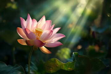 Pink lotus flower illuminated by sunbeams water lily
