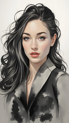 A closeup studio shot of one elegant woman's face highlights her long, dark brunette hair, captivating eyes, and glamorous makeup with an emphasis on her lips and flawless skin