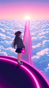 Anime girl standing on a road with a skateboard in the sky