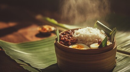 Steaming bamboo container with fluffy white rice, dark beans, savory meaty sauce, soft-boiled eggs, fresh green leaves on wooden surface, warm inviting atmosphere.