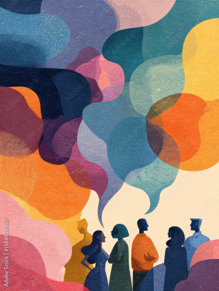 Poster thought bubbles connecting diverse individuals with abstract shapes in a creative representation of 