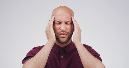 Stress, headache and massage with man in studio for debt crisis, emergency and trading loss....