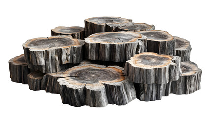 Photorealistic stack of firewood logs, where the cross-section of each log shows intricate tree ring patterns that form famous impressionist paintings, isolated on Transparent Background