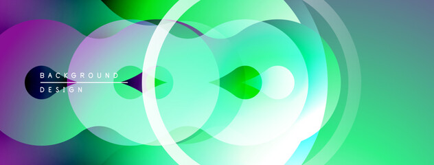 Abstract gradient shapes overlap, creating vibrant visual effect. Modern design elements suggest fluidity, energy.