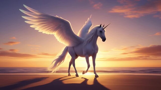fantasy winged unicorn walking along the beach at sunset with a dramatic sky and shimmering waters creating a magical scene
