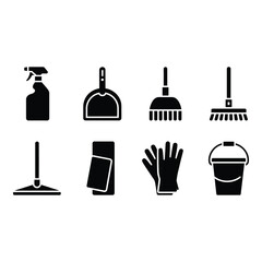 Collection of cleaning tools and supplies silhouette isolated on white background