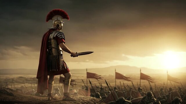 Ancient Roman warrior in full armor stands surveying his legion on a battlefield at sunset