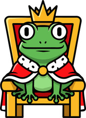 Cartoon Frog Prince Sitting on Royal Throne – Whimsical Vector Character with Crown and Robe on White Background