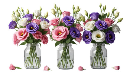 Obraz premium Exquisite bouquets featuring pink, purple, and white eustoma flowers elegantly arranged in clear glass jars against a sleek black backdrop, transparent background