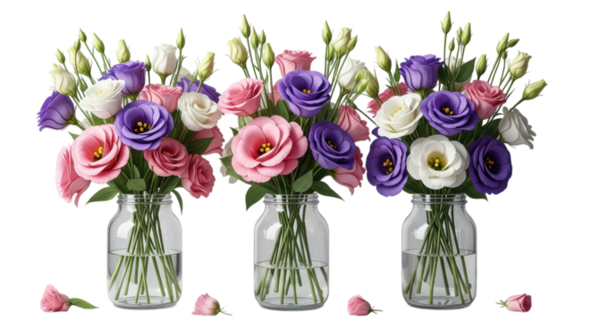 Exquisite bouquets featuring pink, purple, and white eustoma flowers elegantly arranged in clear glass jars against a sleek black backdrop, transparent background