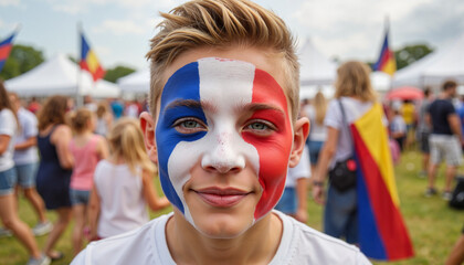 Joyful boy with French flag face paint at festival, cultural celebration
