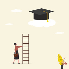 Unhappy woman with too short ladder to climb to reach high graduation hat on the cloud in sky. High education cost, expensive school or university cost,