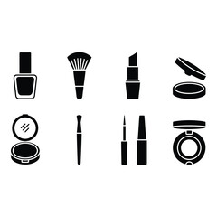 Fototapeta premium Collection of cosmetic makeup product icons silhouette isolated on white background
