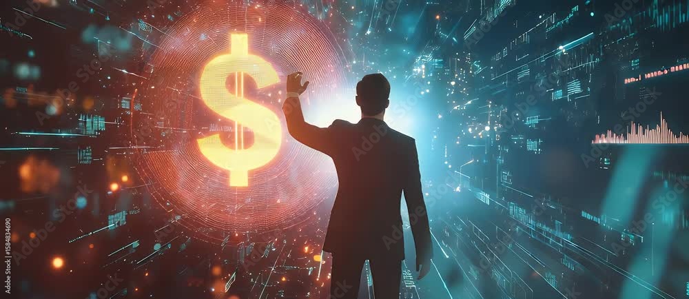 Poster silhouette of a businessman facing a dollar sign in a digital world of data visualization representi
