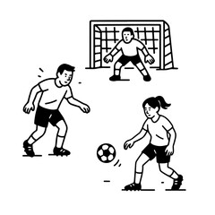 Fototapeta premium Vector line-art illustration of young soccer players in action, including goalkeeper, boy, and girl. Ideal for youth sports, team concepts, athletic events, and modern graphic designs